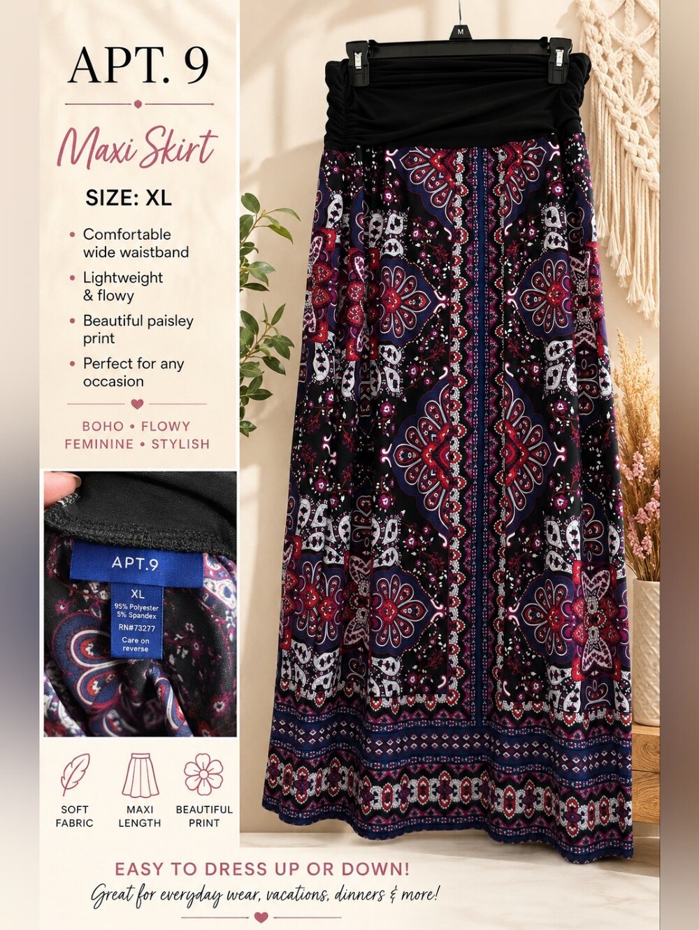 🌺 APT. 9 Plus XL Black Paisley Maxi Skirt – Boho Floral Print
